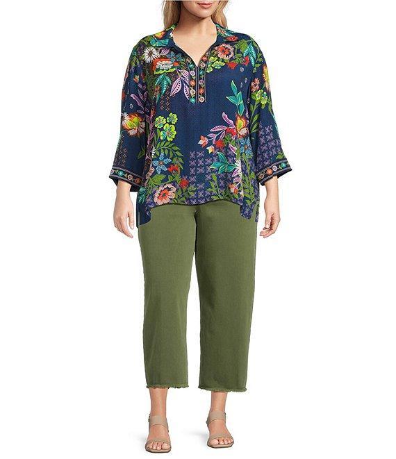 John Mark Plus Size Floral Embroidered Woven Point Collar 3/4 Cuff Sleeve Popover Top Product Image