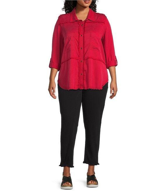 Multiples Plus Size Lyocell Twill Point Collar Long Roll-Tab Sleeve Button Front Fringed Shirt Product Image