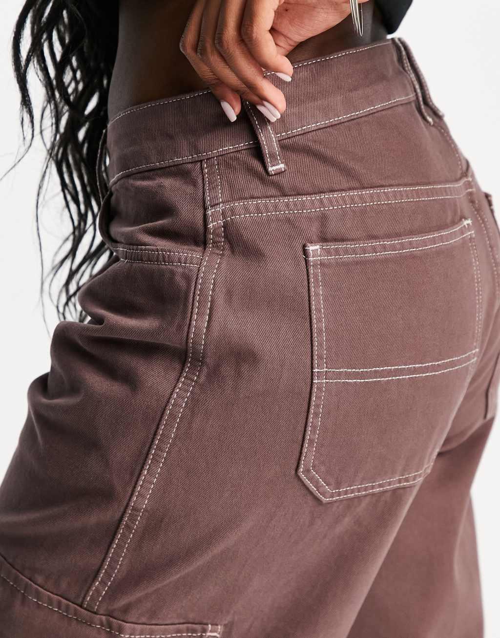 COLLUSION anti fit cargo jeans with contrast stitch in mocha Product Image