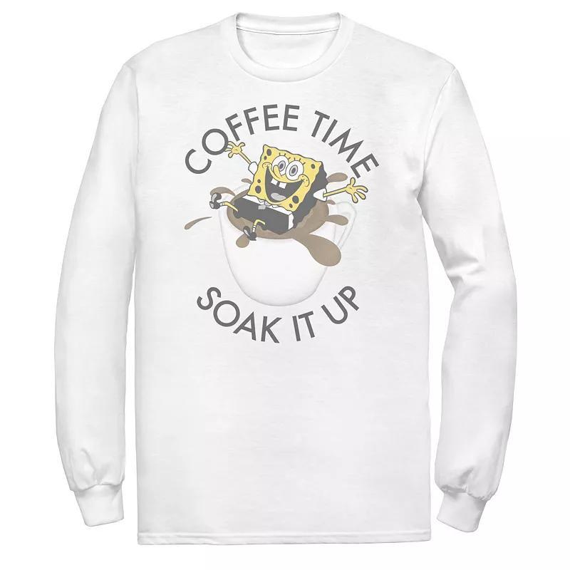 Men's Spongebob Coffee Time Soak It Up Portrait Long Sleeve Tee, Size: XL, White Product Image