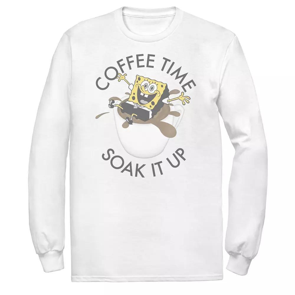 Men's Spongebob Coffee Time Soak It Up Portrait Long Sleeve Tee, Size: XL, White Product Image