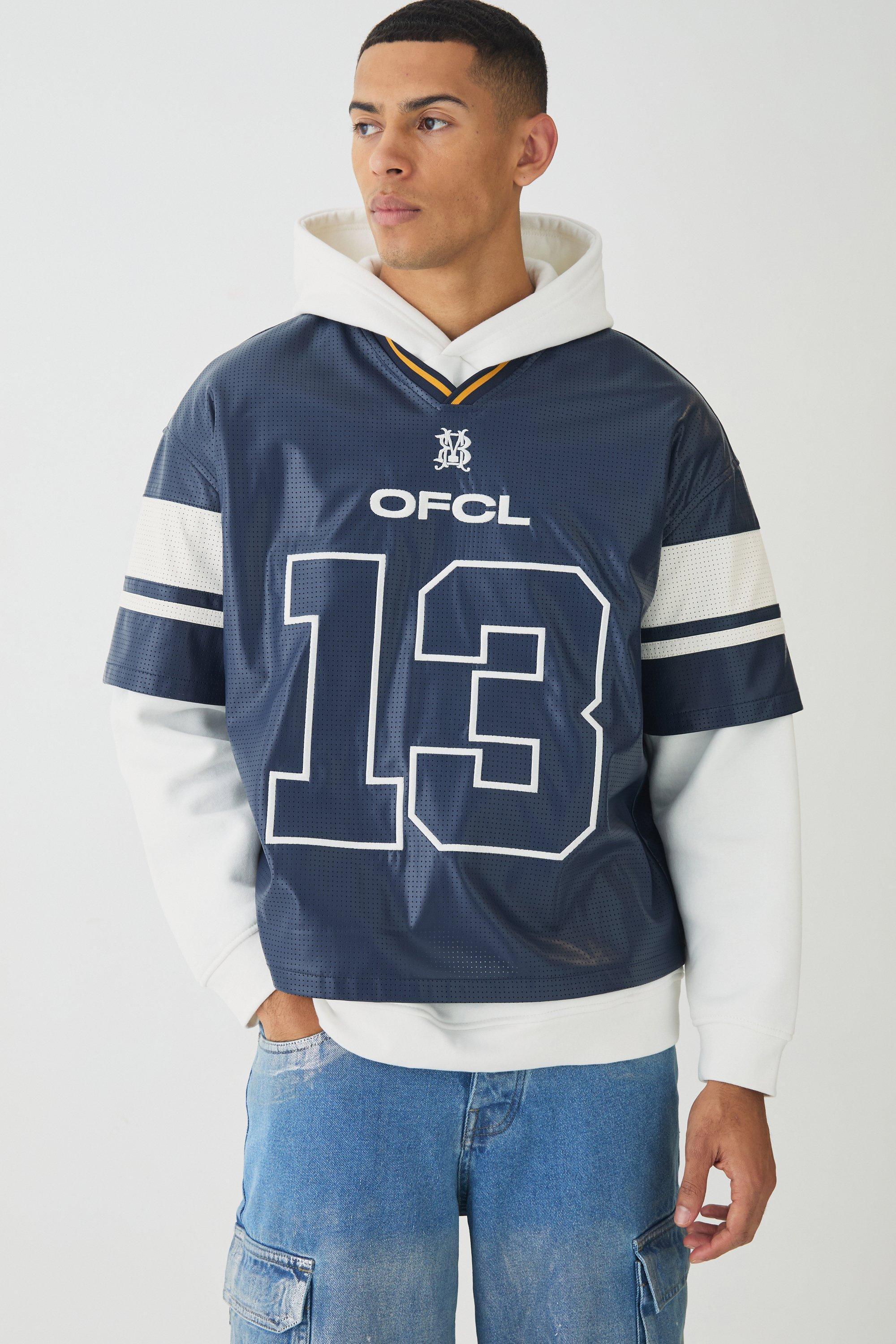 Mens Oversized Boxy Perforated Faux Leather Football Jersey Top - Navy Product Image