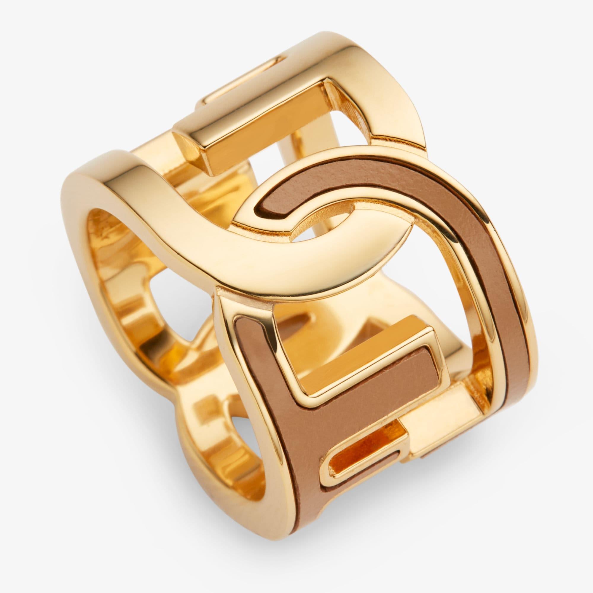 Fendi O'Lock RingGold-colored metal and beige leather ring Product Image