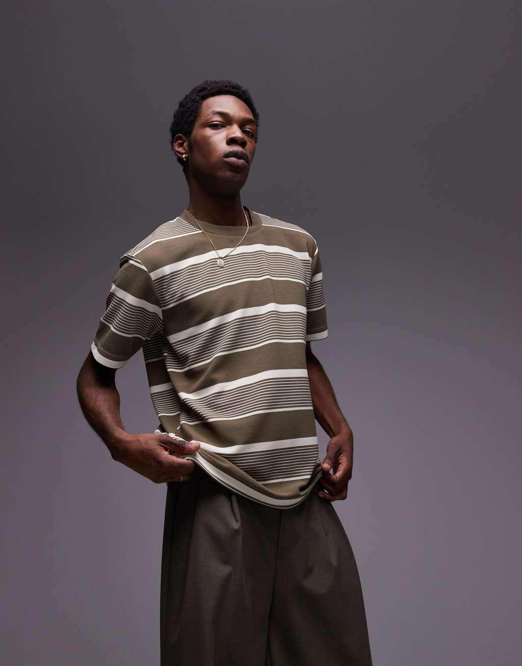 Topman premium oversized fit striped t-shirt in khaki Product Image
