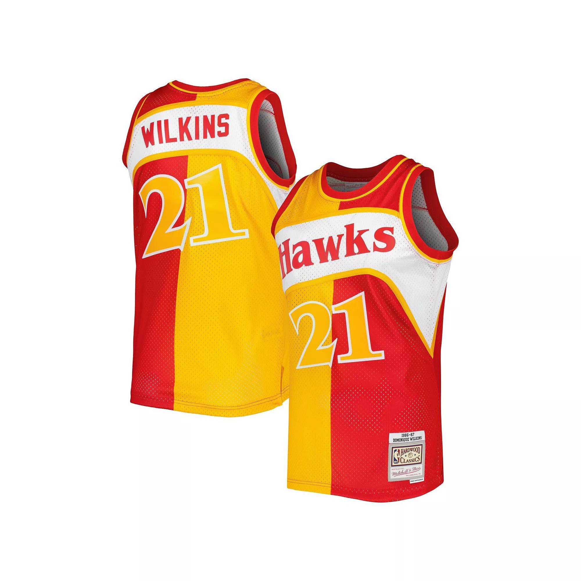 Men's Mitchell & Ness Dominique Wilkins Yellow/Red Atlanta Hawks Hardwood Classics 1986-87 Split Swingman Jersey, Size: Small Product Image