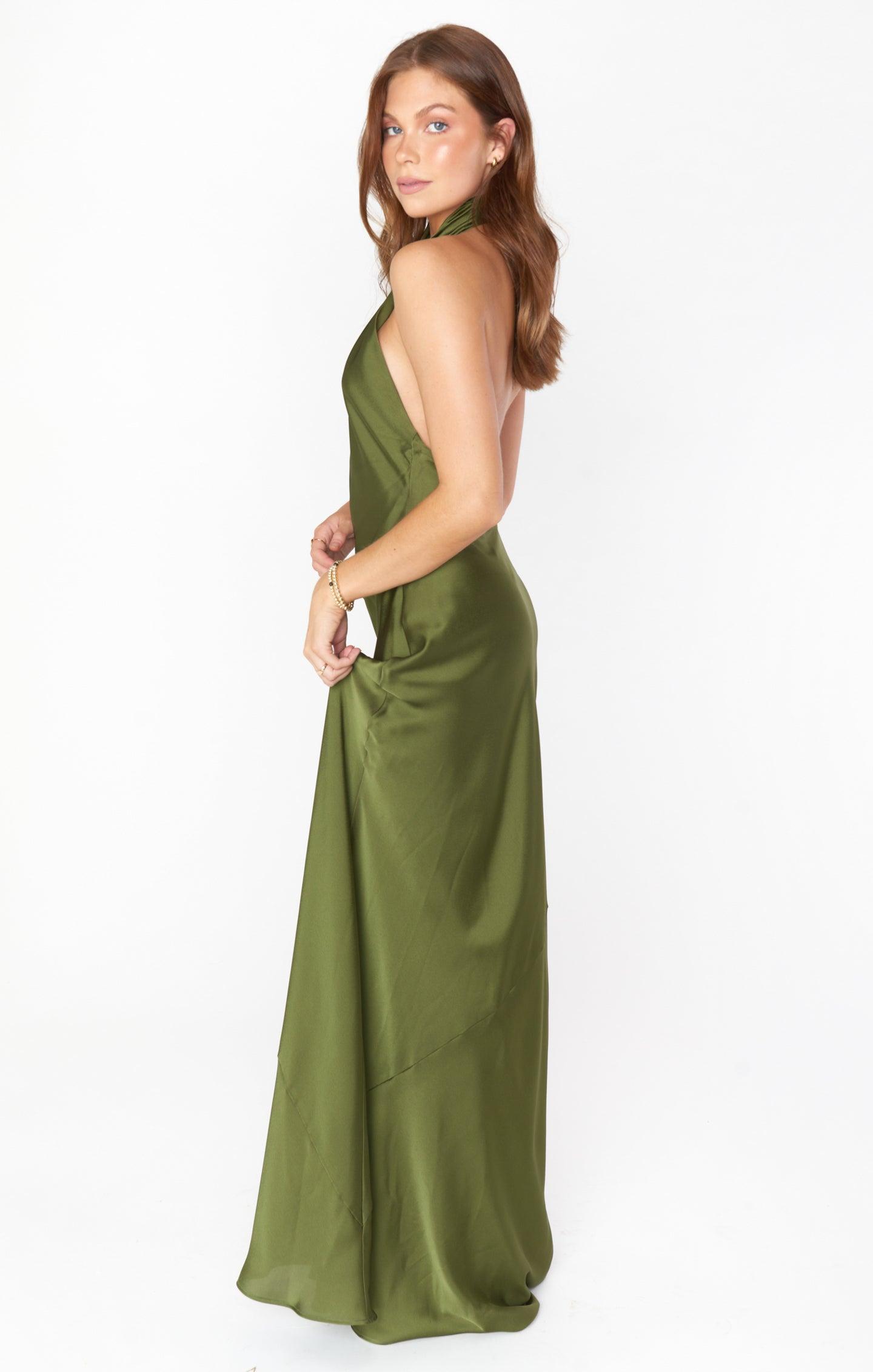 Jasmine Halter Maxi Dress ~ Rich Olive Luxe Satin Product Image