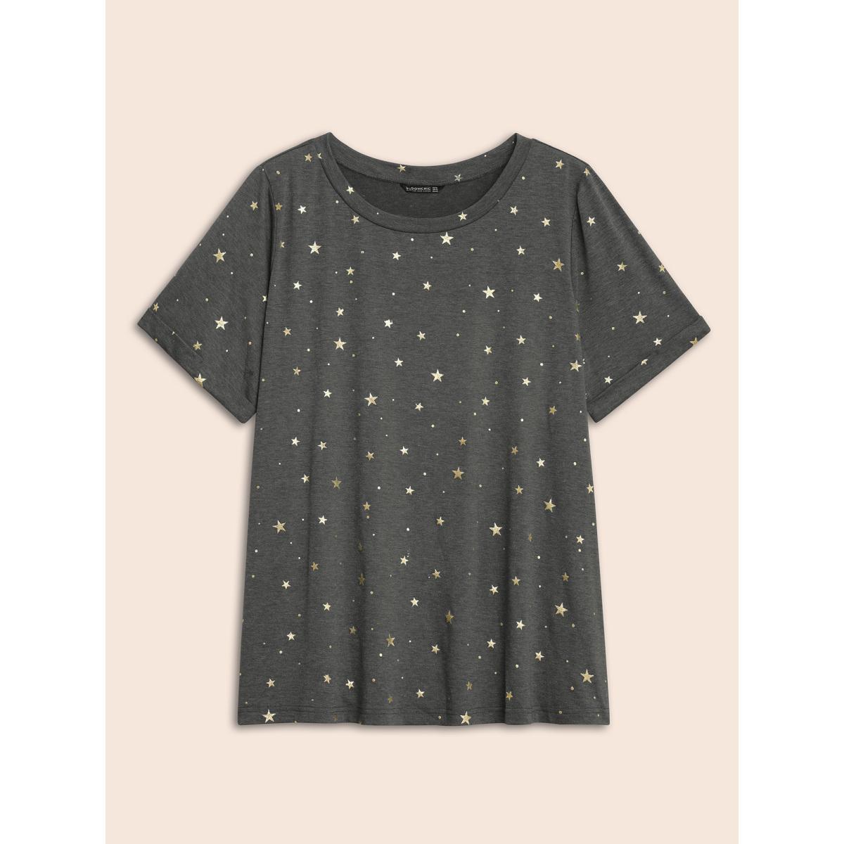 Plus Size Star Glitter Cuffed Sleeve Crew Neck T-shirt DimGray Women Casual Heather Moon and Star Round Neck Dailywear T-shirts BloomChic 14-16/1X Product Image