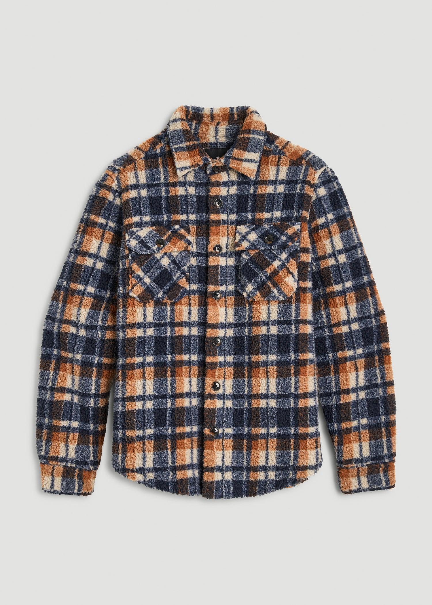 Tall Men's Sherpa Shirt Jacket in Dark Blue and Orange Plaid Product Image