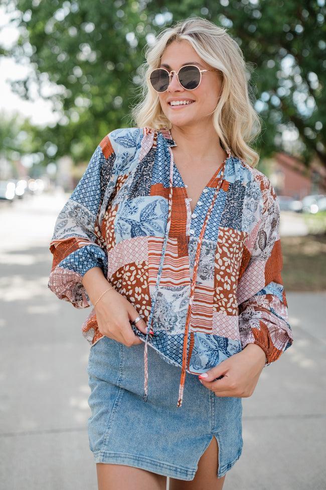 Outlook On Life Brown Multi Patchwork Printed Blouse FINAL SALE Product Image