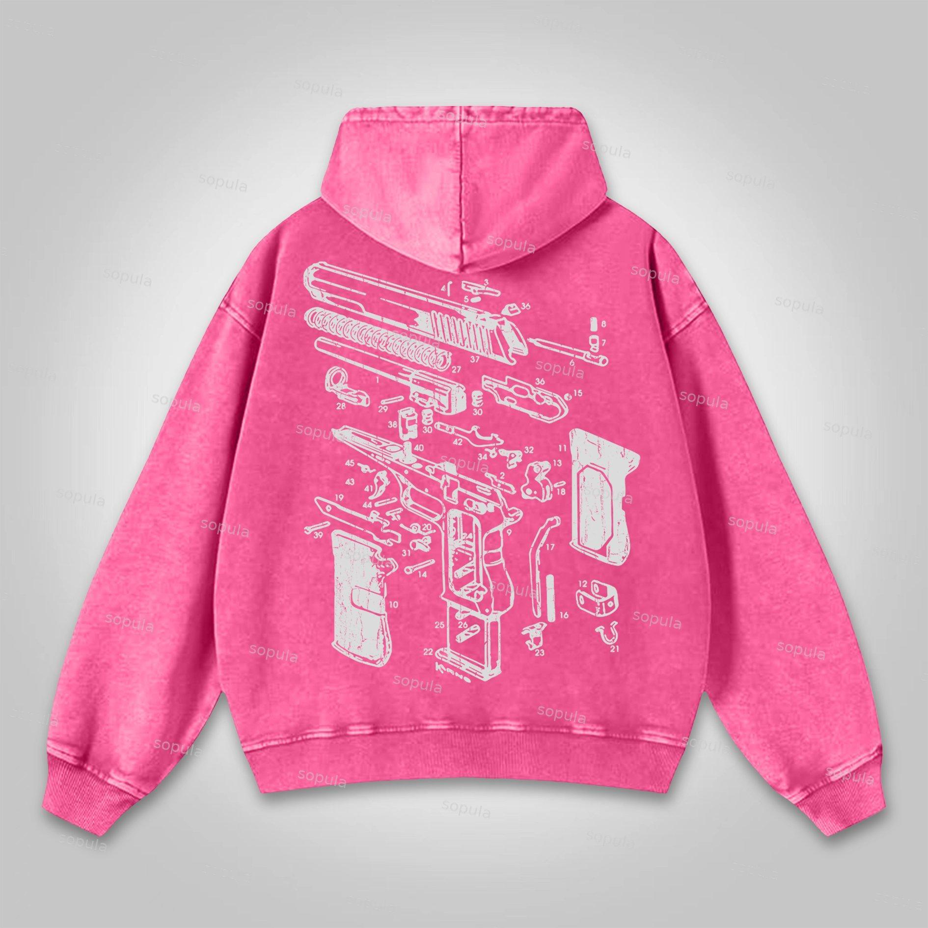 Sopula Love Peace Retro Deconstructed Gun Graphic Washed Hoodie Product Image