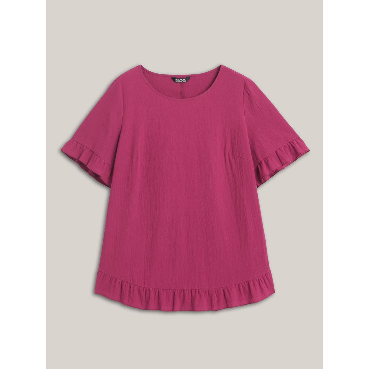 Plus Size RedViolet Pure Cotton Ruffled Curved Hem Blouse Women Leisure Short sleeve Round Neck Casual Blouses BloomChic 14-16/1X Product Image