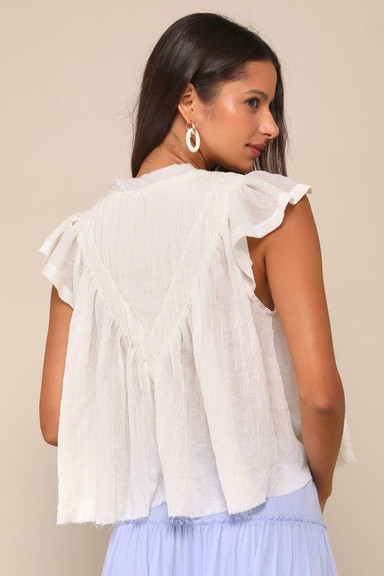 Compelling Babe Ivory Cotton Raw Hem Ruffled Flutter Sleeve Top Product Image