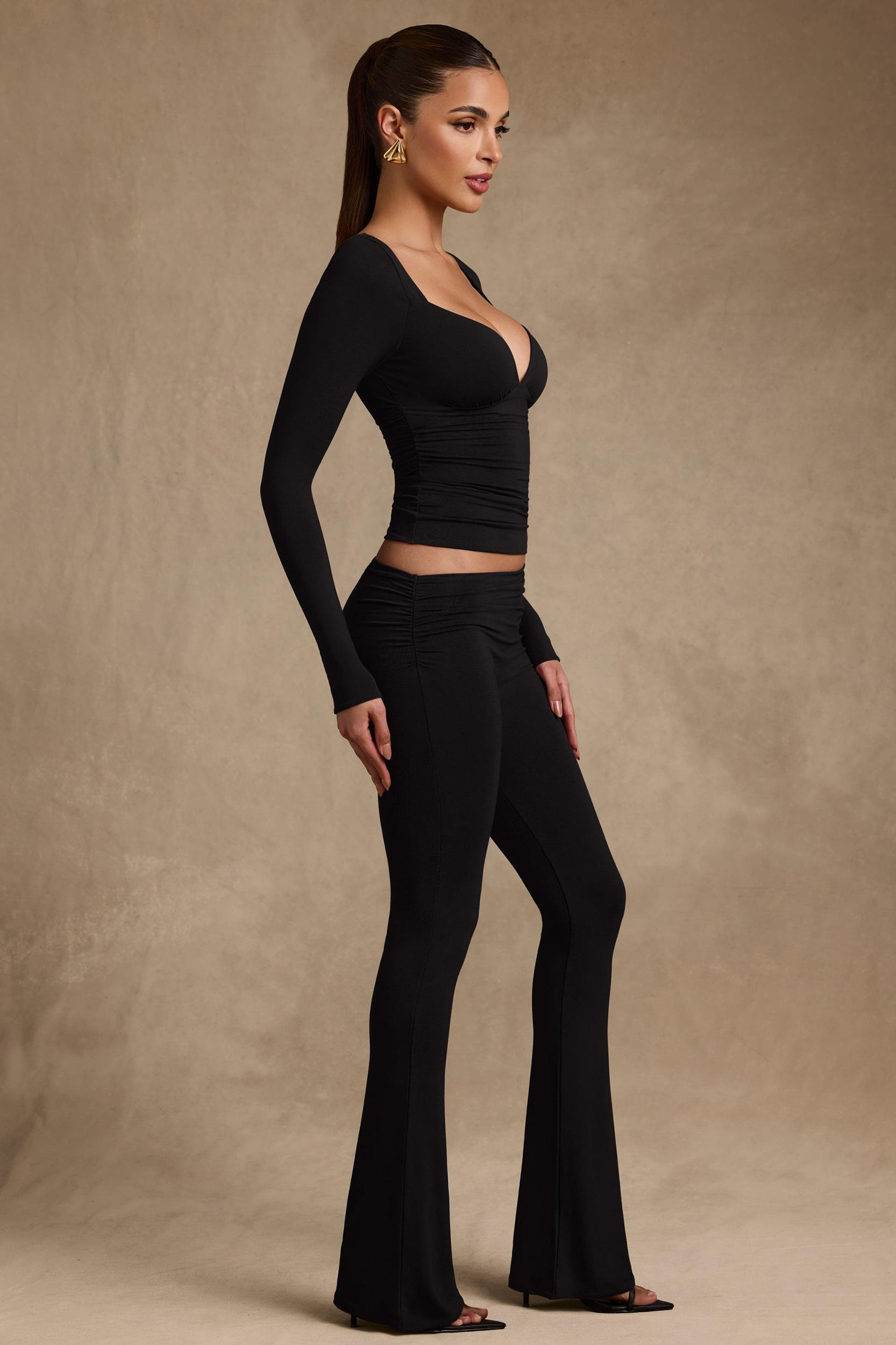 Modal Asymmetric-Waist Flared Trousers in Black Product Image