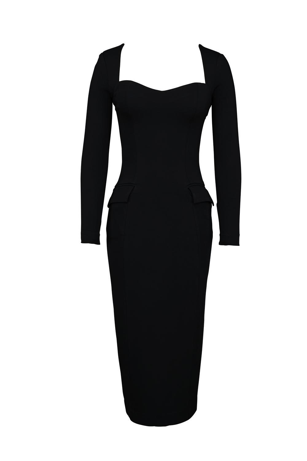 Ella Black Stretch Crepe Long Sleeve Midi Dress Product Image