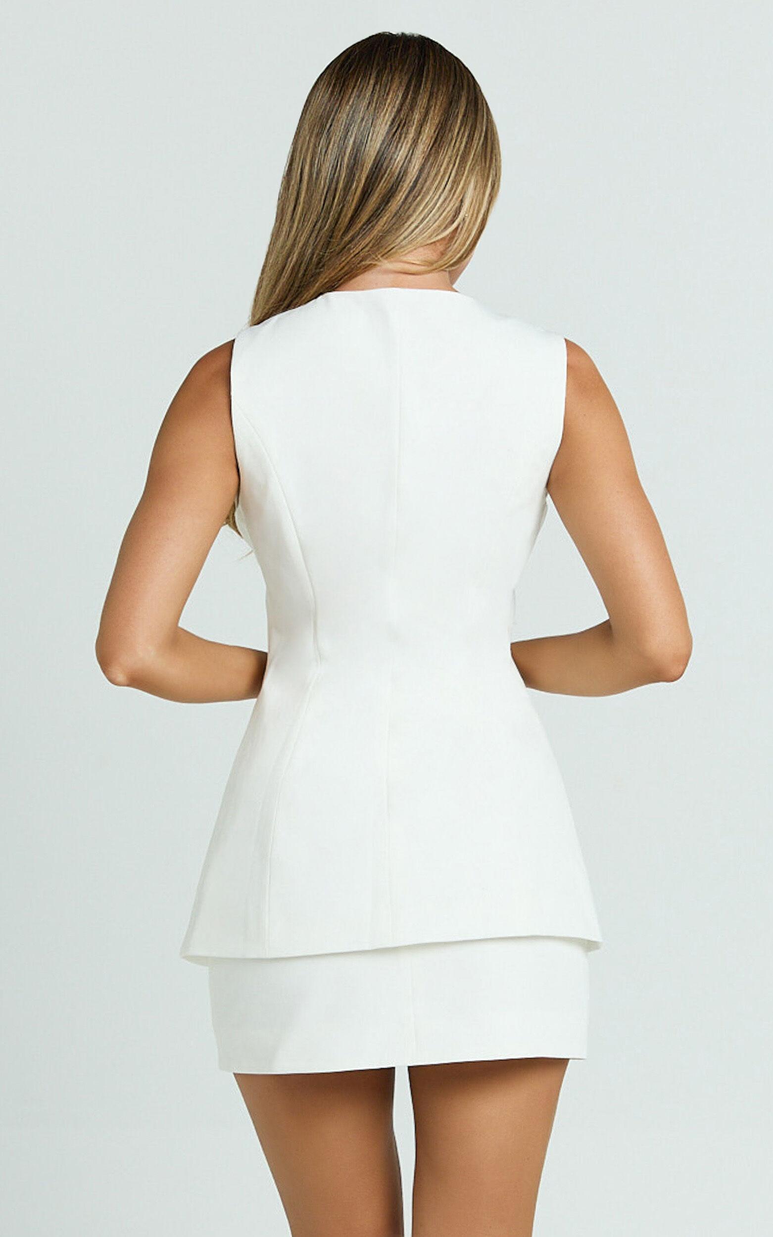 Phyllis Two Piece Set - Tailored Scoop Neck Vest Top and A Line Mini Skirt Set with Gold Buttons in White Product Image