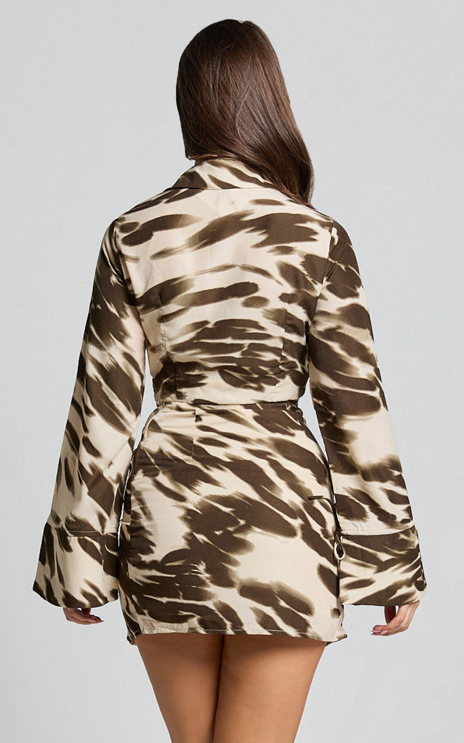 Denise Two Piece Set - Long Sleeve Twist Front Shirt and Mini Skirt Set in Khaki Blur Product Image