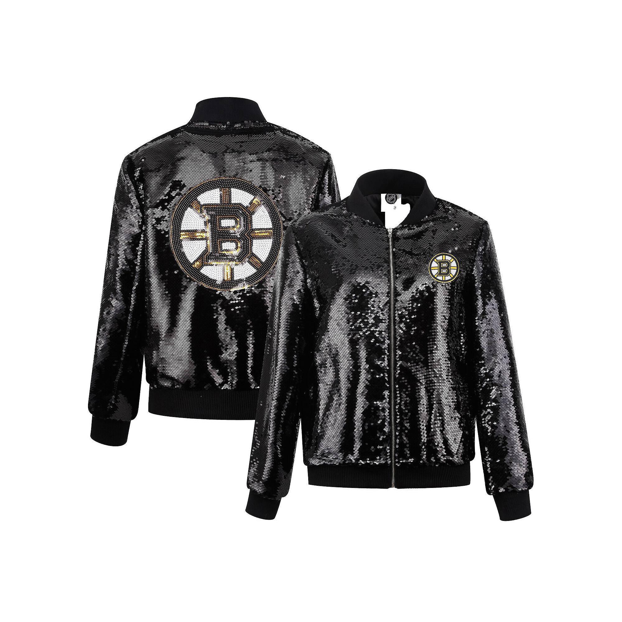 Women's Cuce Black Boston Bruins Sequin Full-Zip Jacket, Size: Large Product Image