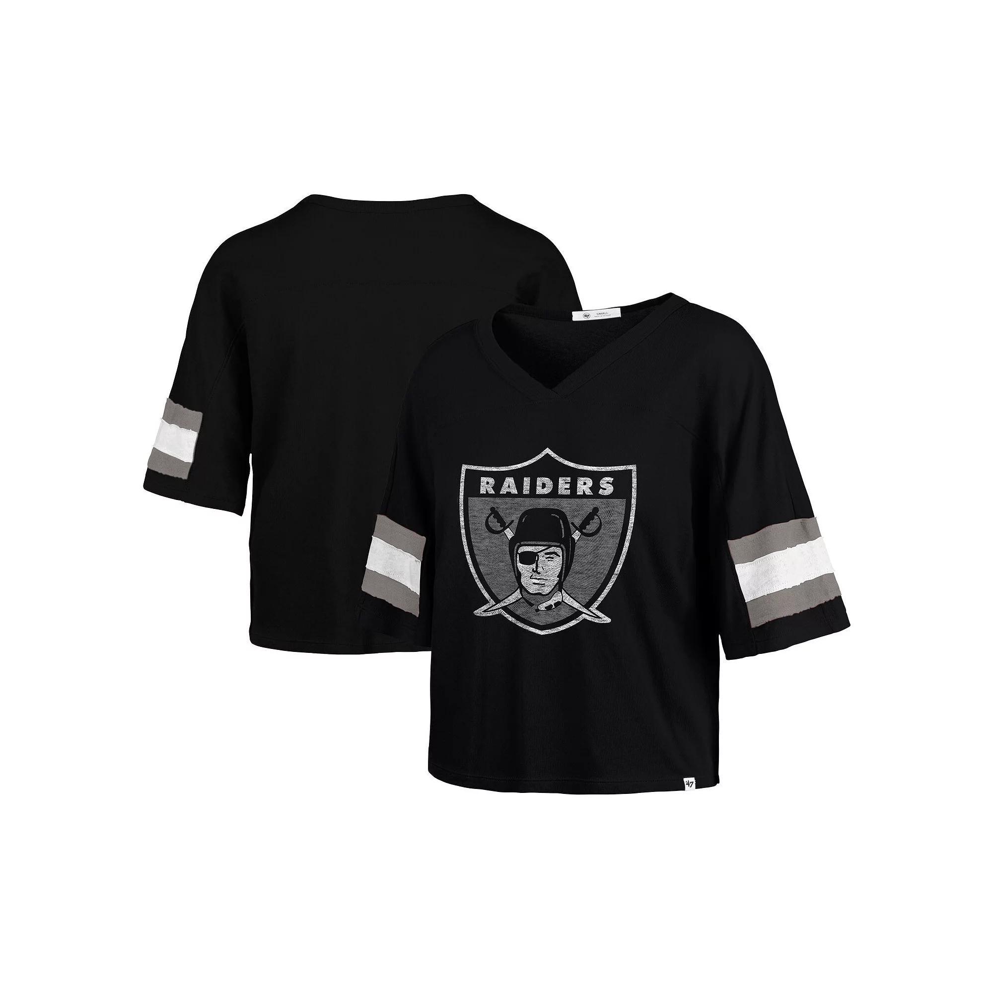 Women's '47 Black Las Vegas Raiders  Double Header Scout Cropped V-Neck T-Shirt, Size: Small, Lvr Black Product Image