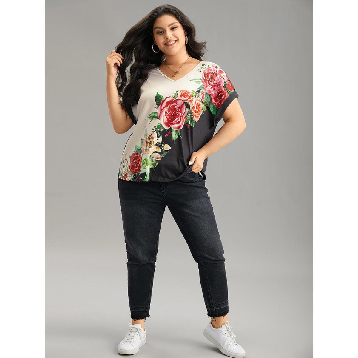 Plus Size Boho Print Roll Batwing Sleeve T-shirt Black Women Casual Contrast Floral V-neck Dailywear T-shirts BloomChic 14-16/1X Product Image