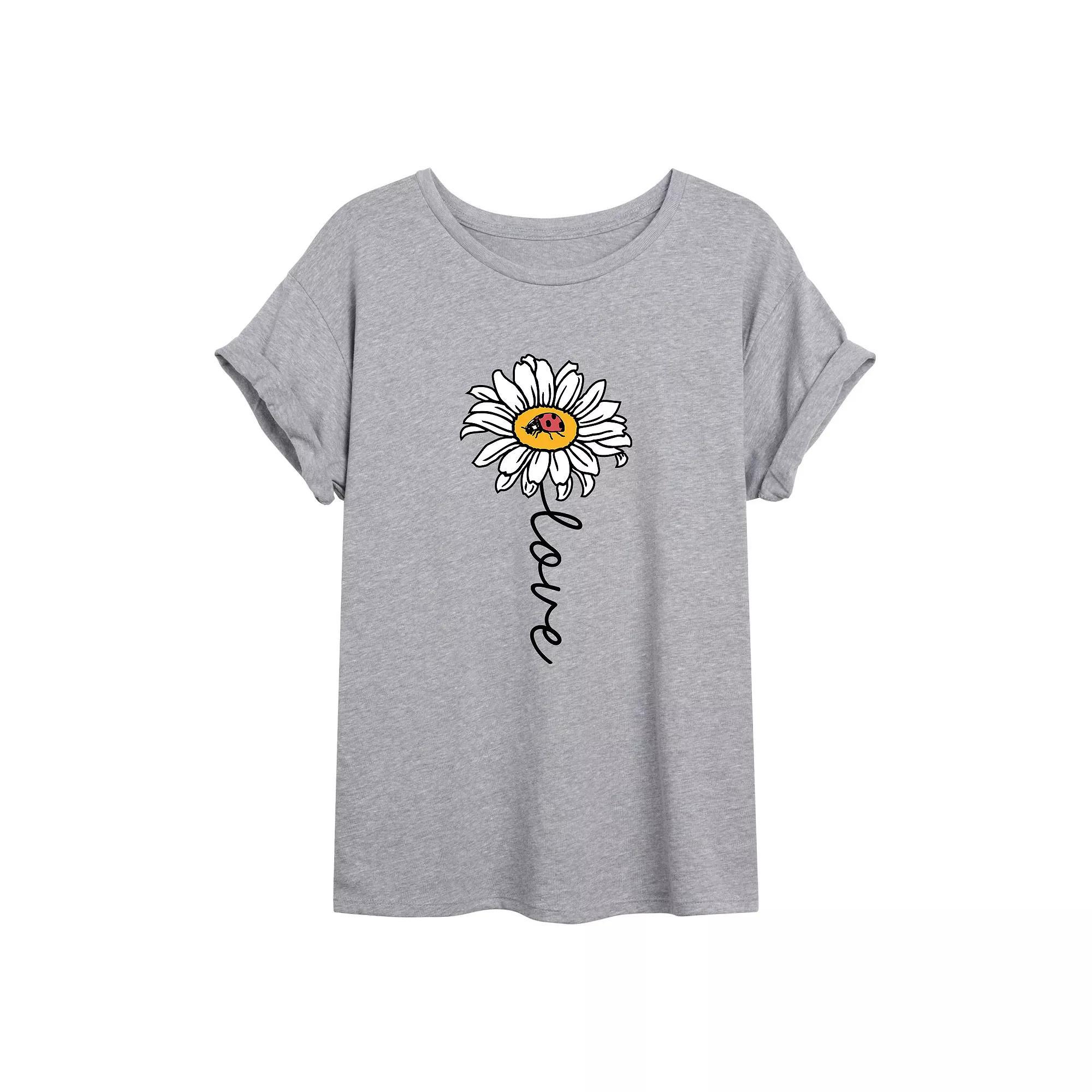 Juniors' Daisy "Love" Oversized Tee, Girl's, Size: Small, Grey Grey Product Image