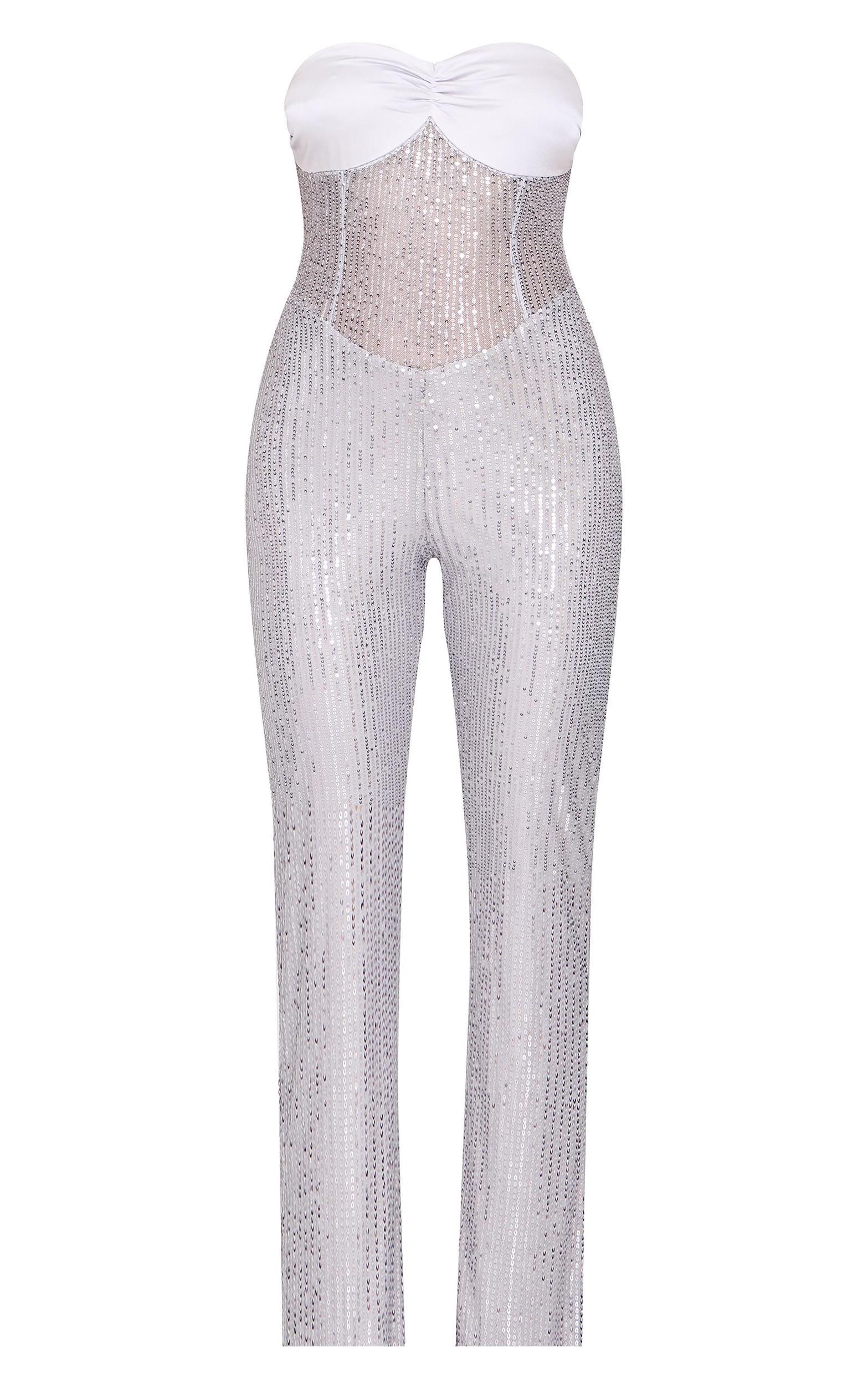 Silver Sequin Bandeau Sheer Panel Jumpsuit Product Image