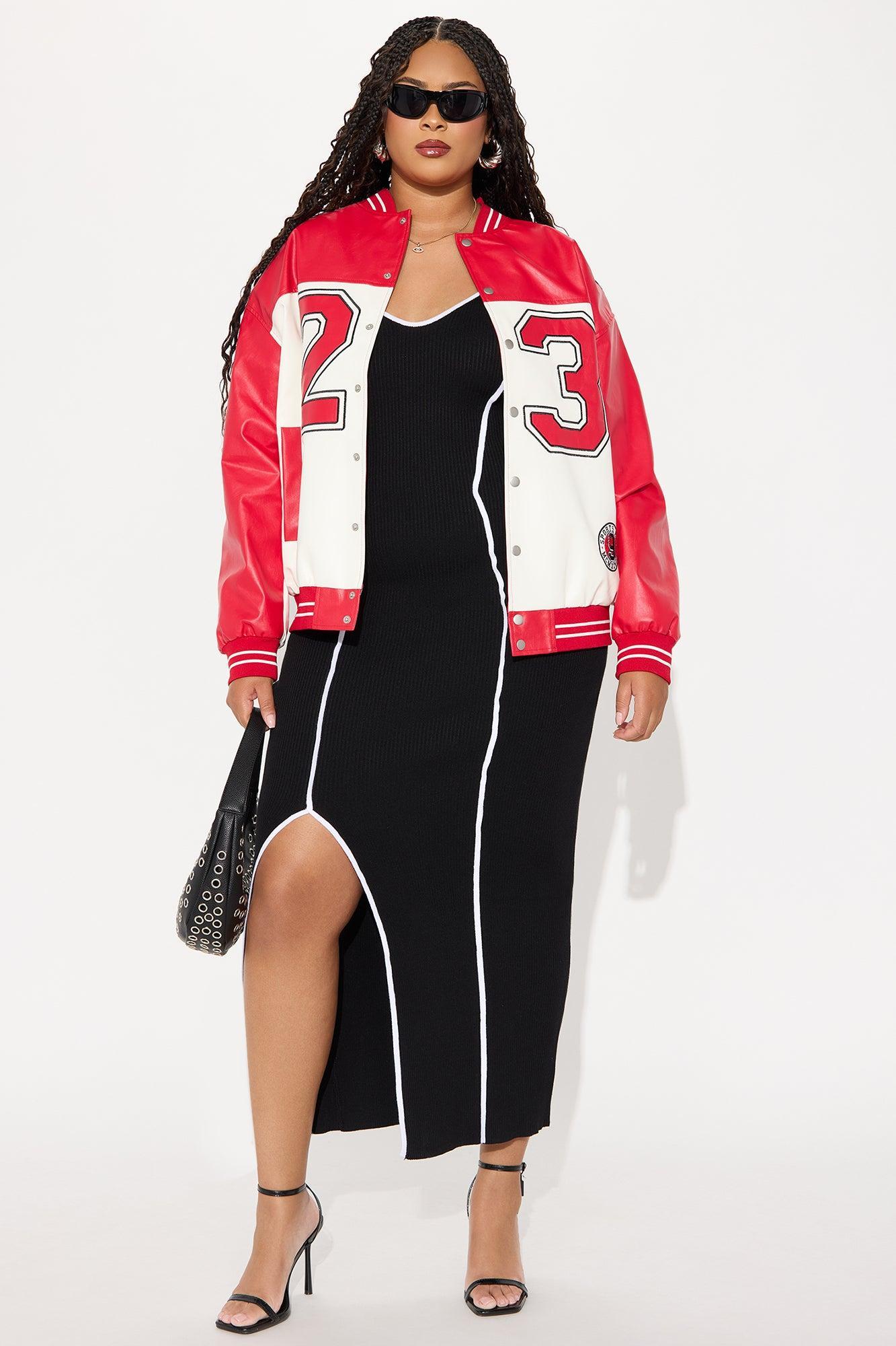 Game Day Leather Bomber Jacket - Red/combo Female Product Image