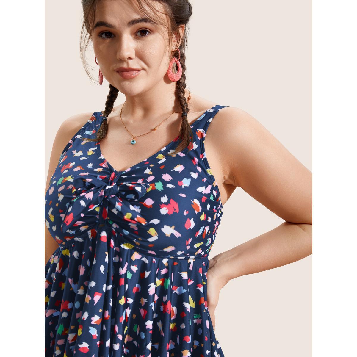 Plus Size Allover Print V Neck Gathered Swim Top Women's Swimwear Aegean Beach Gathered High stretch Bodycon V-neck Curve Swim Tops BloomChic 26/4X Product Image