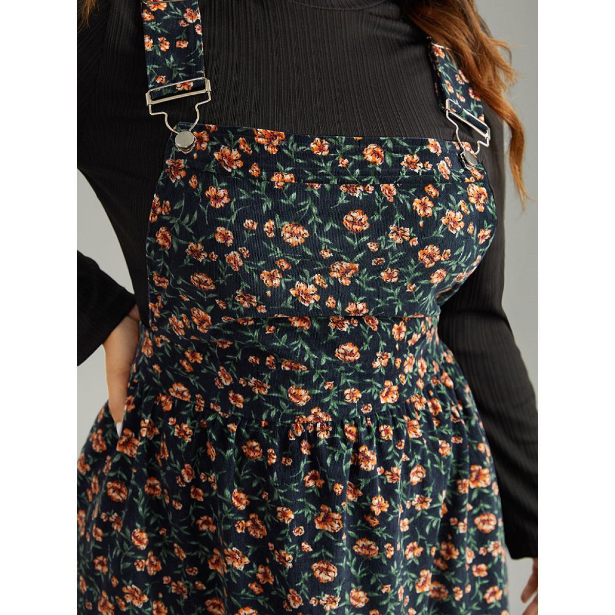 Plus Size Corduroy Ditsy Floral Pocket Adjustable Straps Dress Indigo Women Casual Adjustable Straps Spaghetti Strap Sleeveless Curvy Knee Dress BloomChic 18-20/2X Product Image