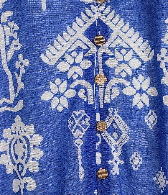 Calessa Mesh Knit Split V-Neck 3/4 Sleeve Border Henna Print Tunic Product Image