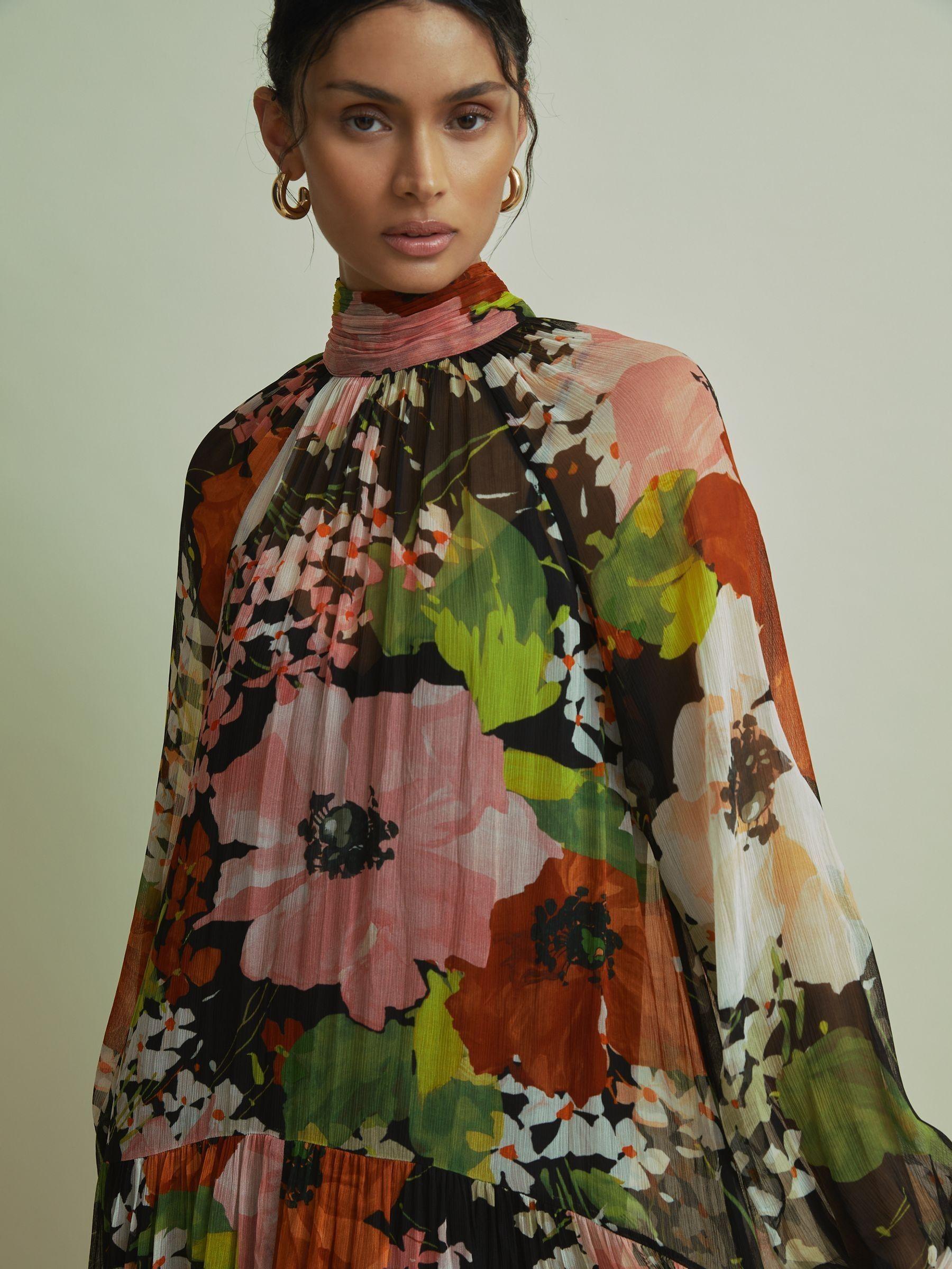 Florere Multi Tiered Tie Neck Midi Dress in Multi Product Image