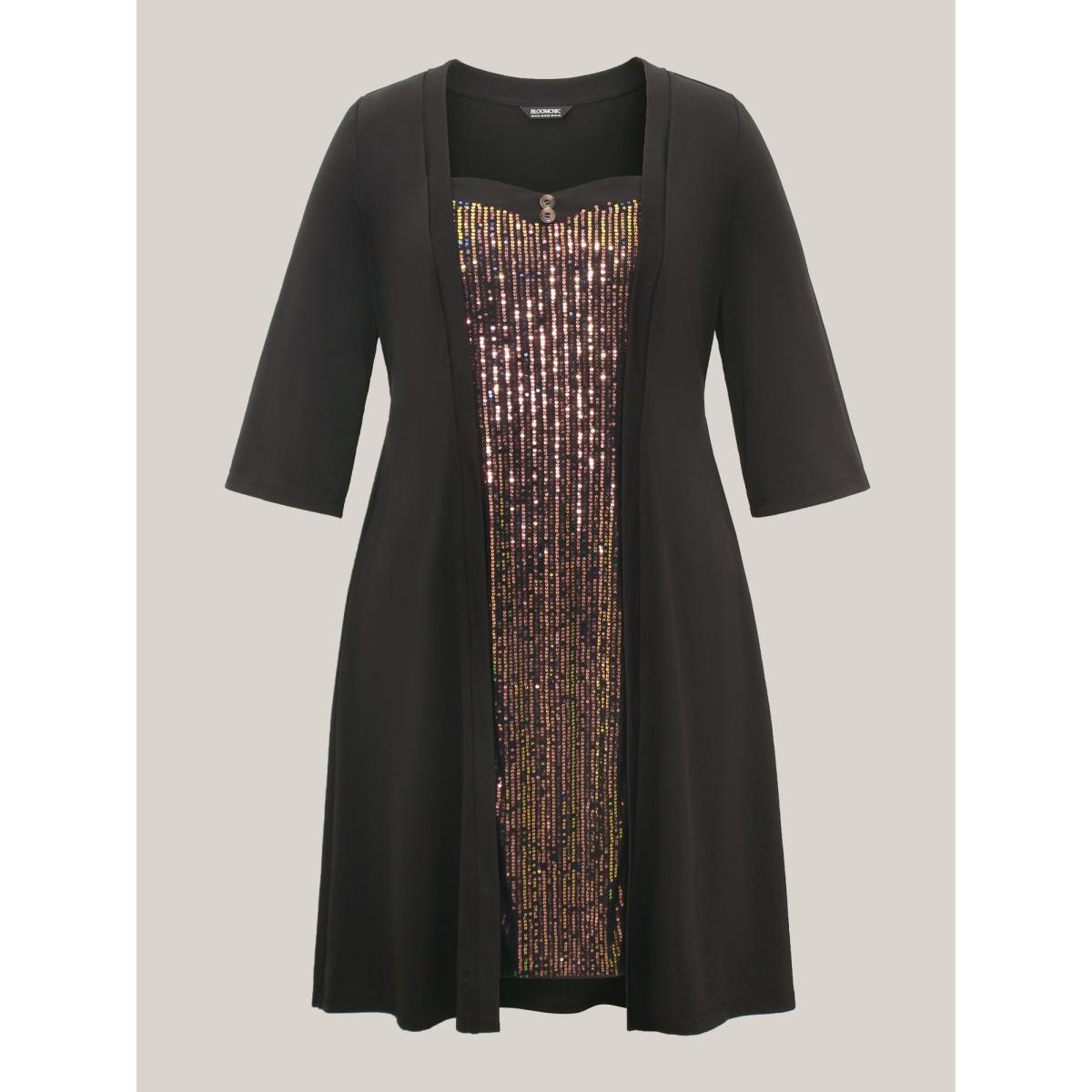 Plus Size Heart Neckline Patchwork Sequin Button Detail Dress Black Women Party&Cocktail Texture Party Curvy Bloomchic 18-20/2X Product Image