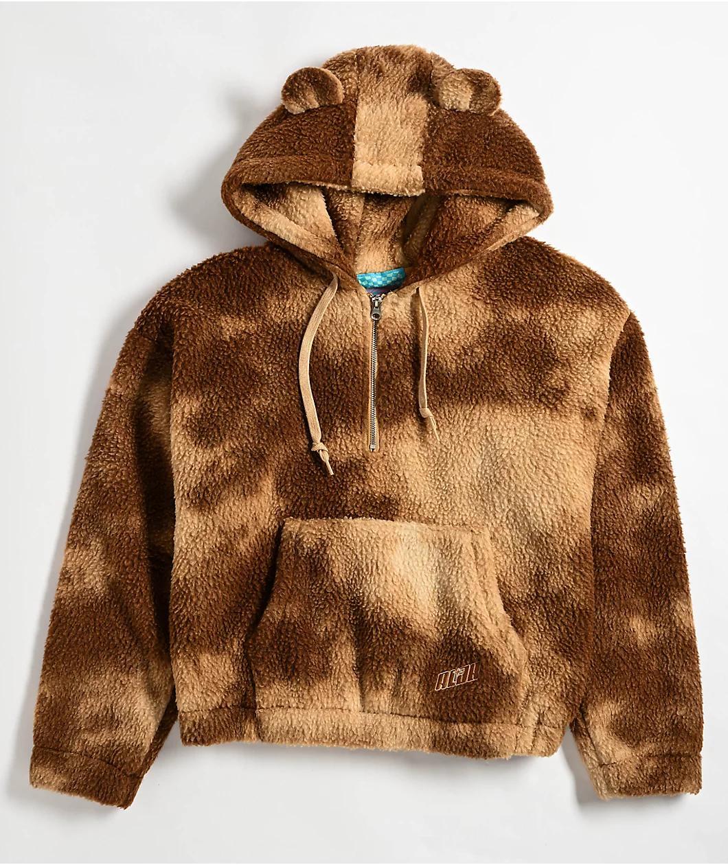 A.LAB Kendra Teddy Brown Tie Dye Sherpa Quarter Zip Hoodie Product Image