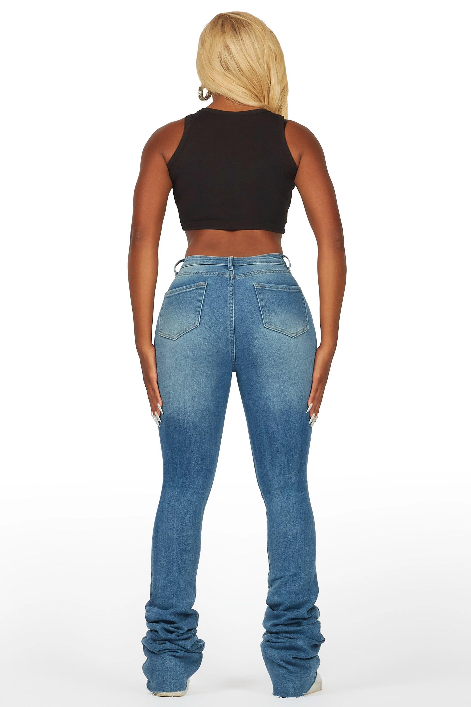 Yours Truly Med. Wash Distressed Super Stacked Jean Female Product Image