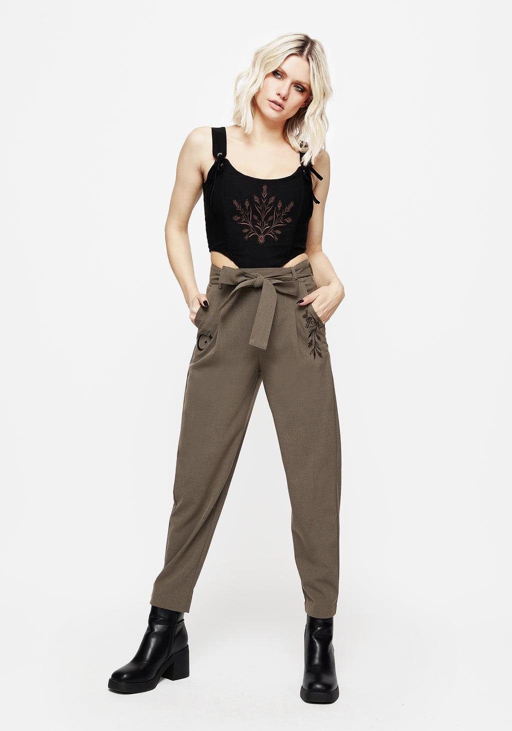 Hester Embroidered Tapered Trousers - Brown Product Image