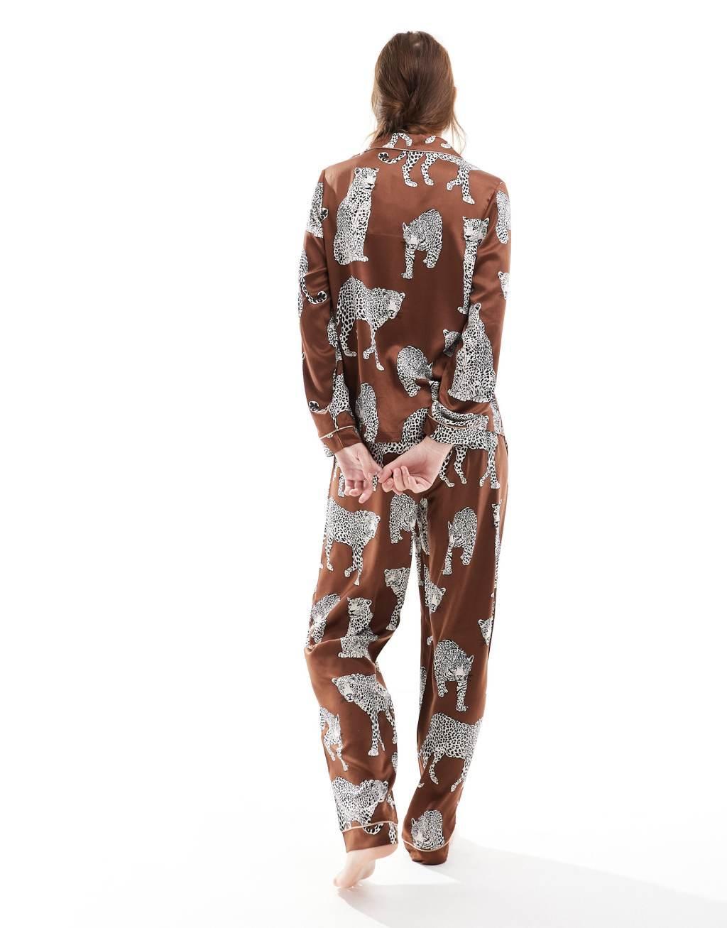 Chelsea Peers premium satin revere top and pants pajama set in brown lotus tiger print Product Image