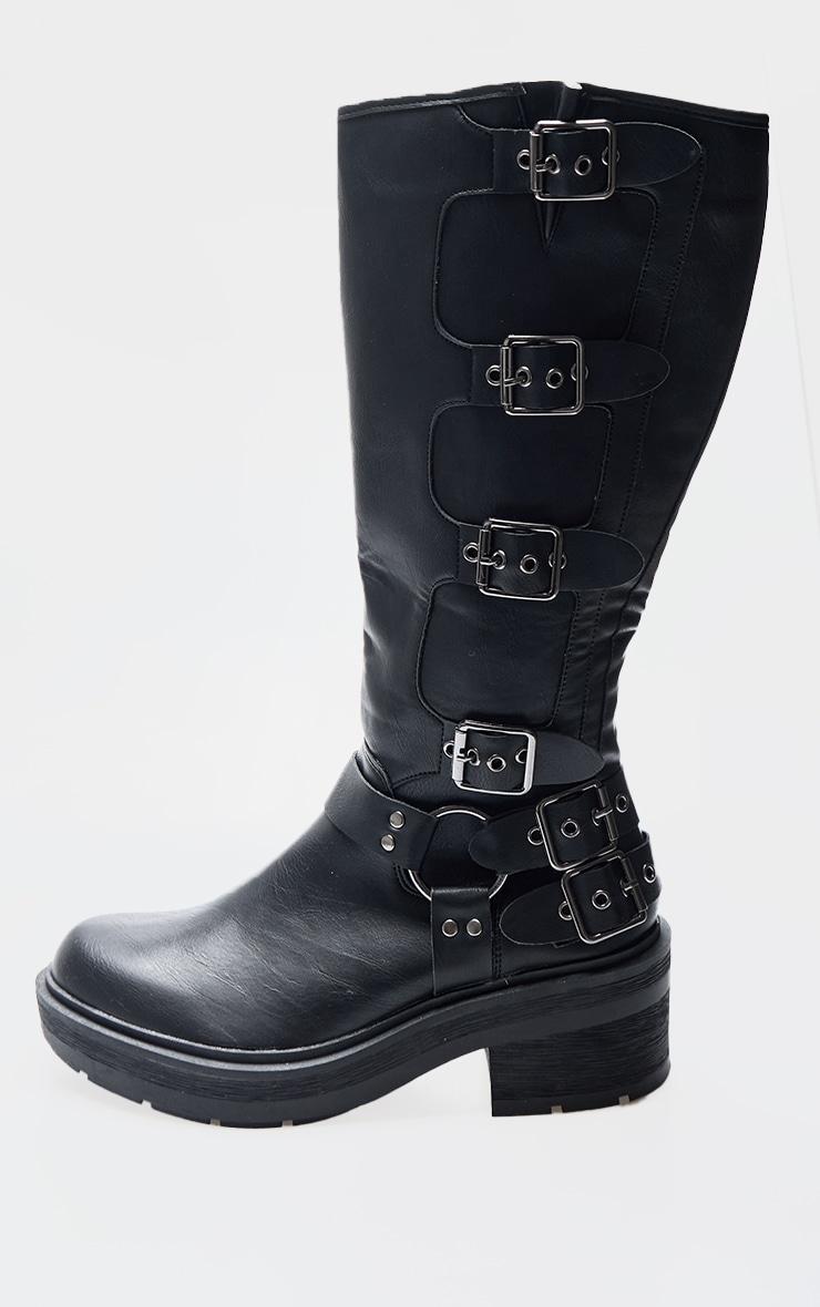 Black Pu Round Toe Multi Buckle Eyelet Knee High Boots Product Image