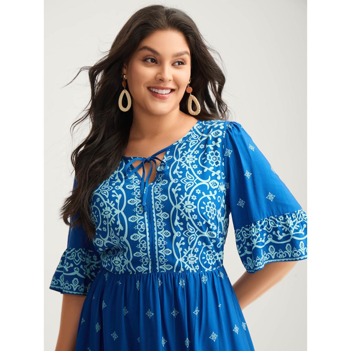 Plus Size Stretchy Waist Boho Print Midi Dress Skyblue Women Flat collar with V-notch Half Sleeve Curvy BloomChic 12/L Product Image
