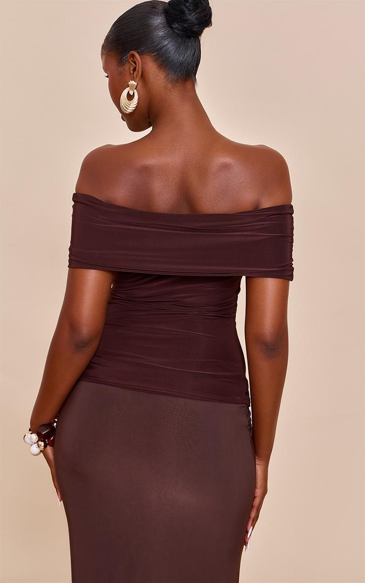 Chocolate Double Layer Slinky Trim Detail Bardot Top Product Image