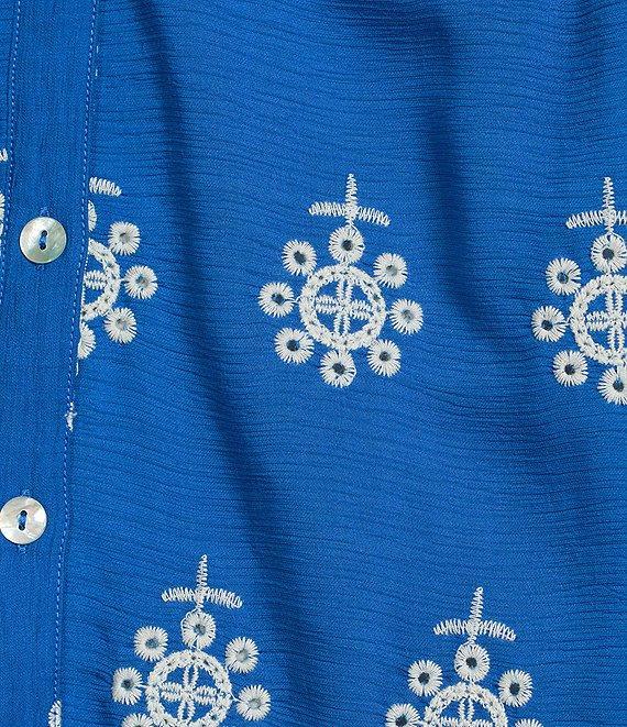 Calessa Plus Size Embroidered Split V-Neck Long Sleeve Button Front Tunic Product Image