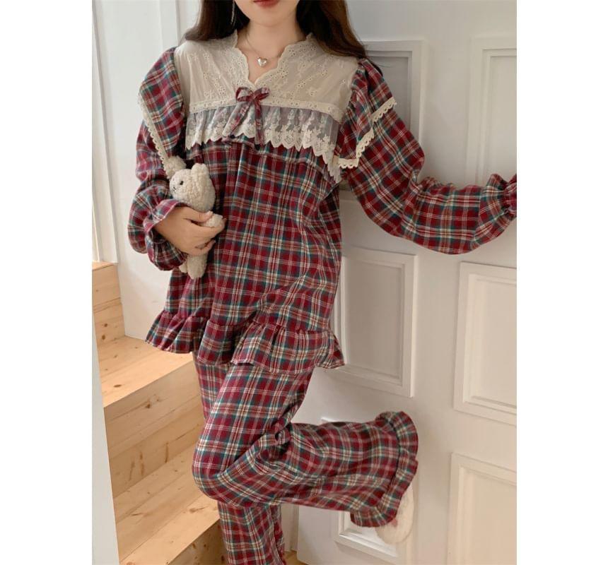 Couple Matching Plaid Pajama Shirt / Pants / Long-Sleeve Lace Trim Pajama Top / Set Product Image