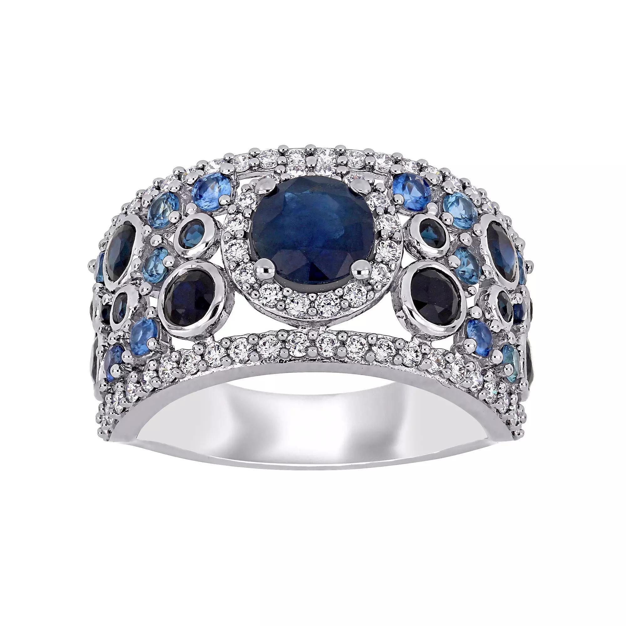 Stella Grace 14k White Gold Blue Sapphire & 1/2 Carat T.W. Diamond Halo Cluster Ring, Women's, Size: 8 Product Image