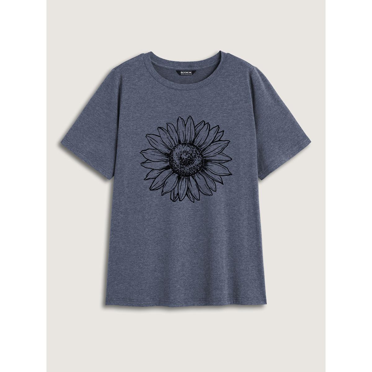 Plus Size Sunkissed Sunflower Round Neck T-Shirt Indigo Women Leisure Non Natural Flowers Round Neck Casual T-shirts BloomChic 14-16/1X Product Image