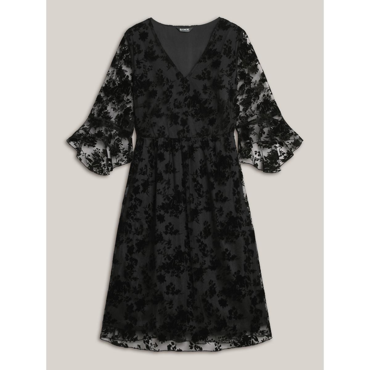 Plus Size Sheer Textured Waist-Cinched Midi Dress Black Women Elegant Texture V-neck Elbow-length sleeve Curvy BloomChic 30/6X Product Image