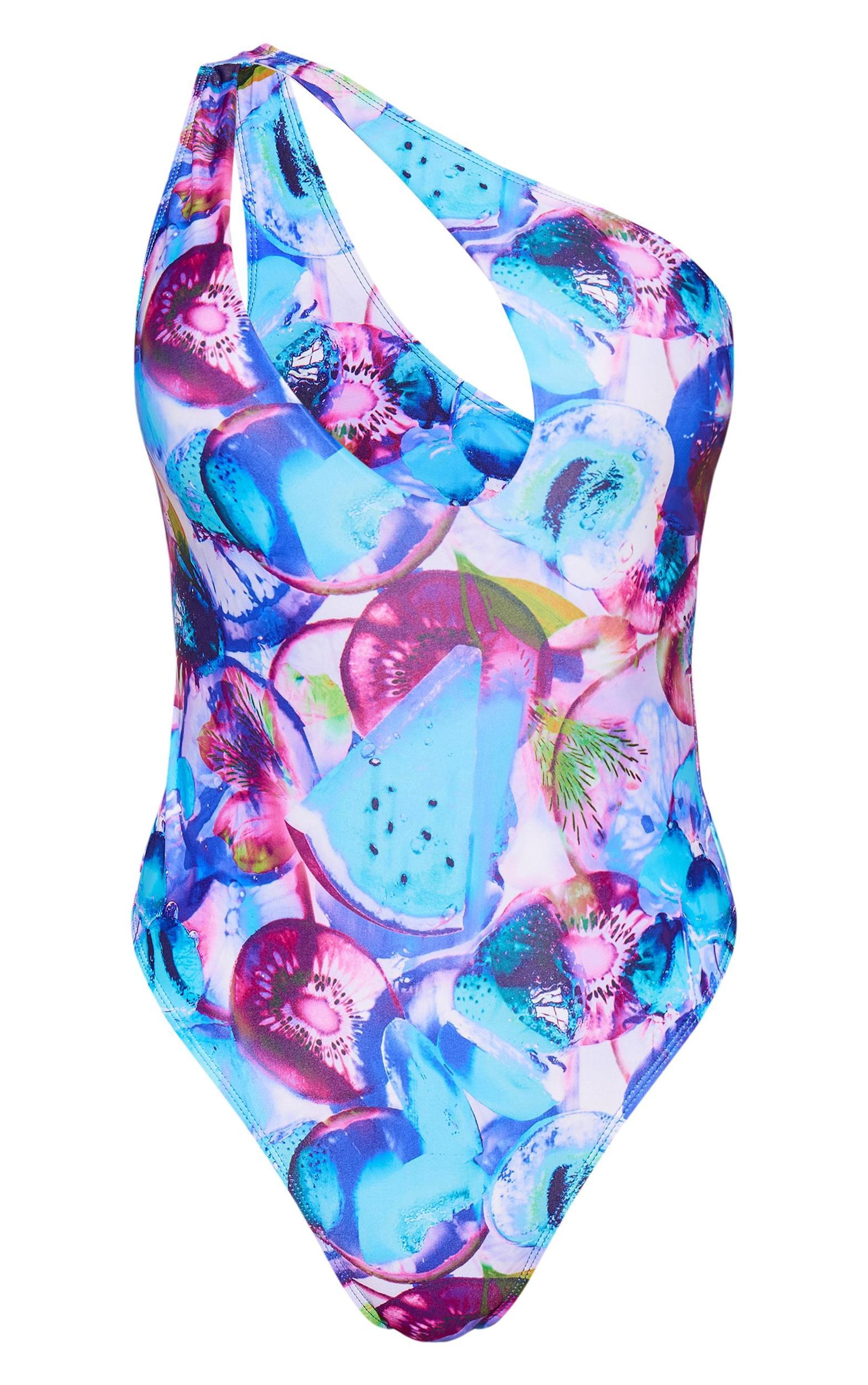 Blue Blurred Fruit Print One Shoulder Cut Out Swimsuit Product Image