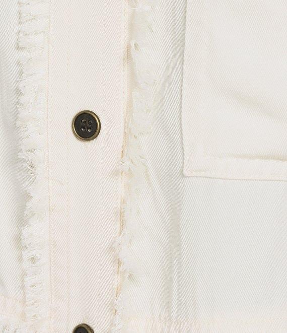 Multiples Petite Size Lyocell Twill Point Collar Long Roll-Tab Sleeve Button-Front Fringed Shirt Product Image