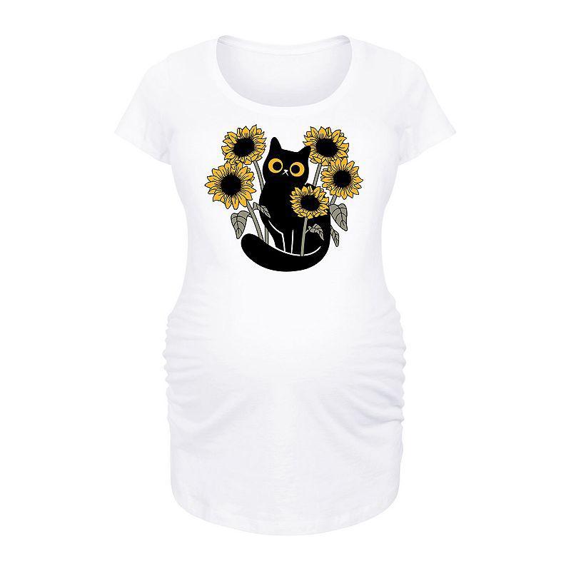 Maternity Black Cat In Sunflowers Graphic Tee, Womens Grey Gray Product Image