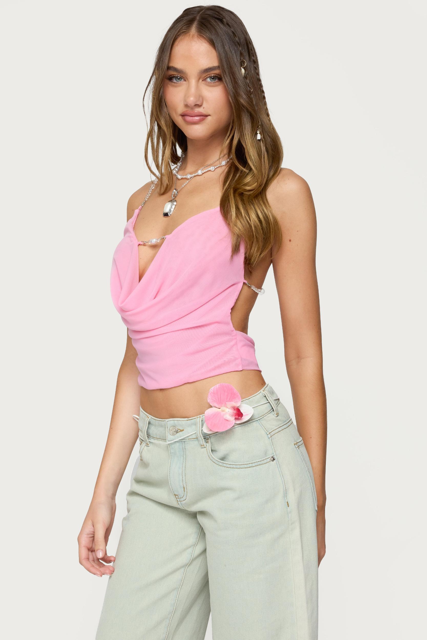 Beaded Deep Cowl Neck Backless Top Product Image