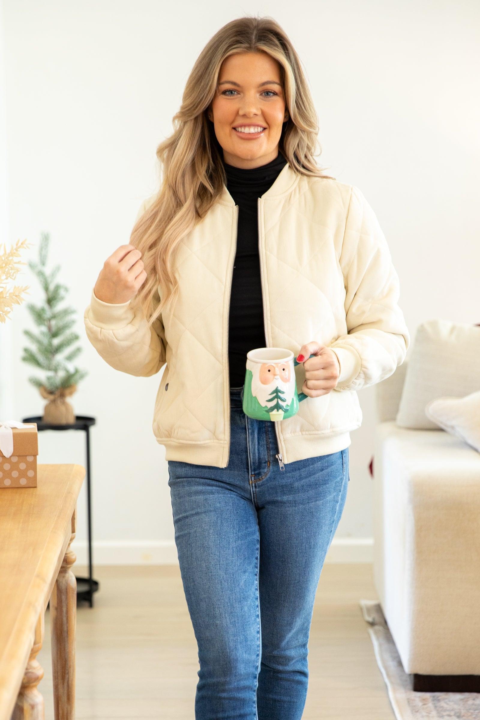 Cream Quilted Bomber Jacket Product Image