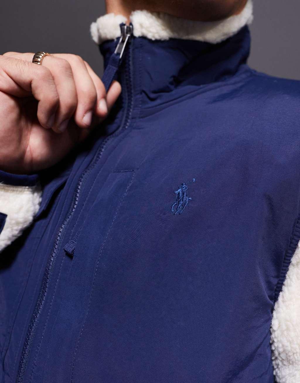 Polo Ralph Lauren icon logo borg sherpa hybrid jacket in cream/navy Product Image