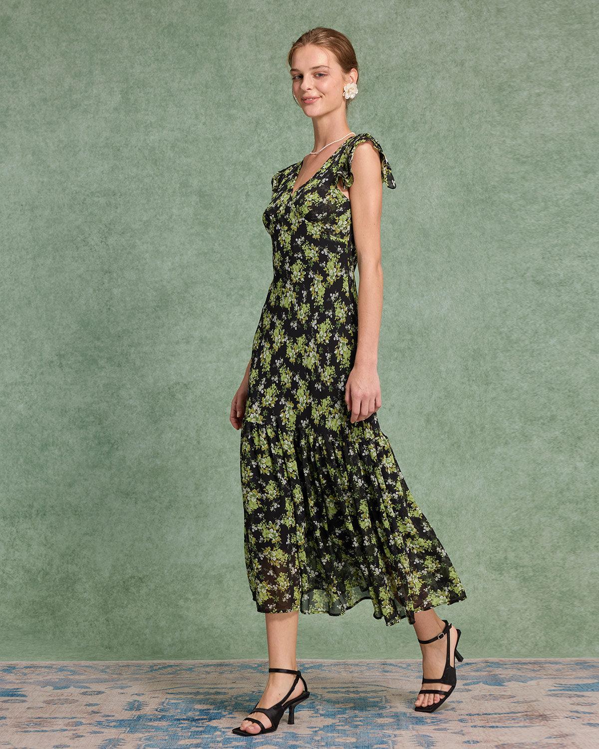 Black Floral V Neck Ruffle Midi Dress Product Image
